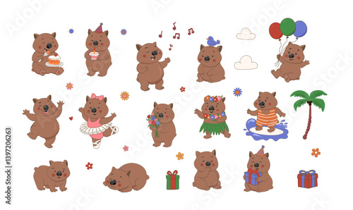 Cute cartoon wombat set. Birthday character illustration for greeting card, print, pattern
