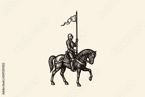 Medieval knight on horseback holding a flag, vintage engraving style
