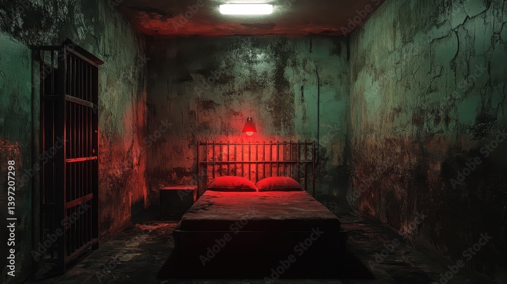 Dimly lit, eerie room with a red glow highlighting an old bed in a dilapidated setting. Dimly lit, eerie room with a red glow highlighting an old bed in a dilapidated setting.