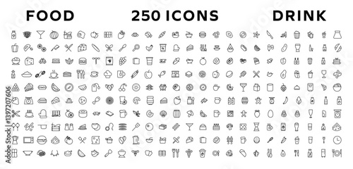 Food and drink icon collection set. Thin outline icons. Meat, milk, noodle, soup, bread, egg, cake, sweets, fruits, vegetables, drinks, nutrition, pizza, fish, sauce, cheese icon