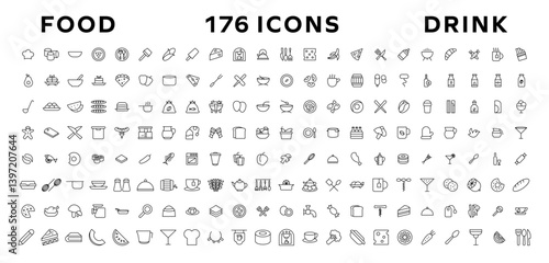 Food and drink icon collection set. Thin outline icons. Meat, milk, noodle, soup, bread, egg, cake, sweets, fruits, vegetables, drinks, nutrition, pizza, fish, sauce, cheese icon
