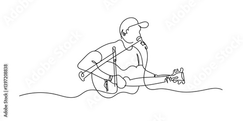 One Line Drawing of Man Playing Guitar Isolated on White