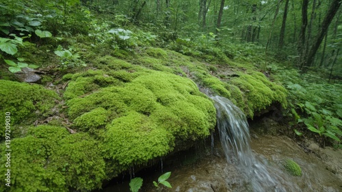 Small Stream Flowing From Mossy Rock in Lush Green Forest