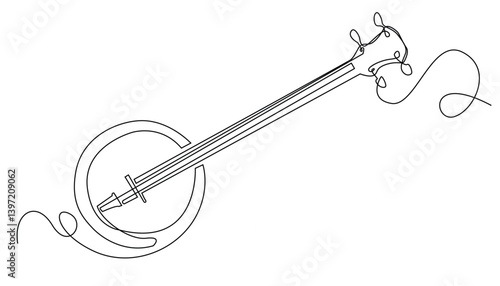 Banjo One Line Drawing, Isolated on White Background