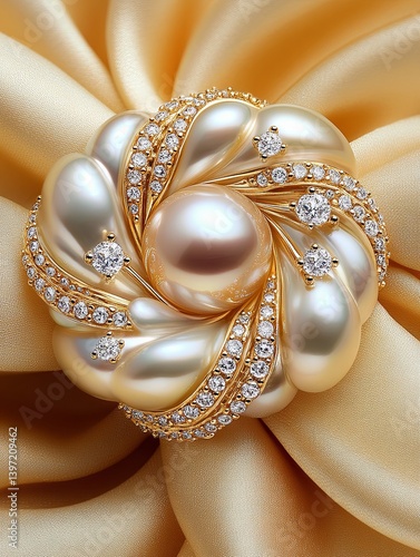 Elegant Spiral Arrangement of Pearls on Silk Fabric