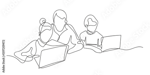 Continuous Line Drawing of Children Studying on Laptops