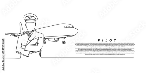 Pilot Continuous Line Drawing with Airplane, Isolated on White Background.