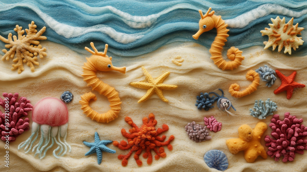 Naklejka premium Colorful Felt Textured Seahorse and Coral Composition in Underwater Sand Scene