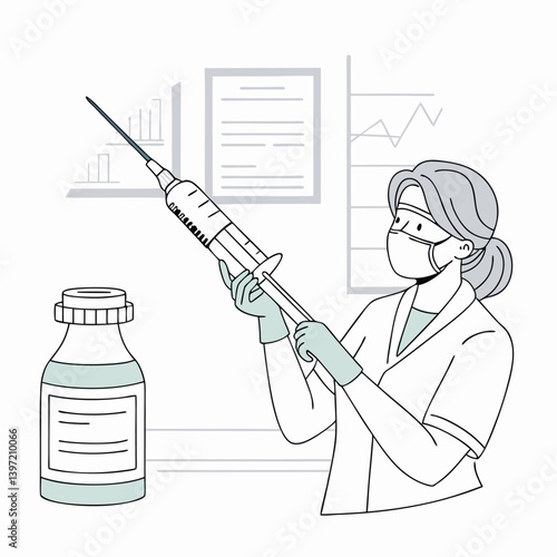 A female doctor holding a syringe in the medical scene with a chart and supplies