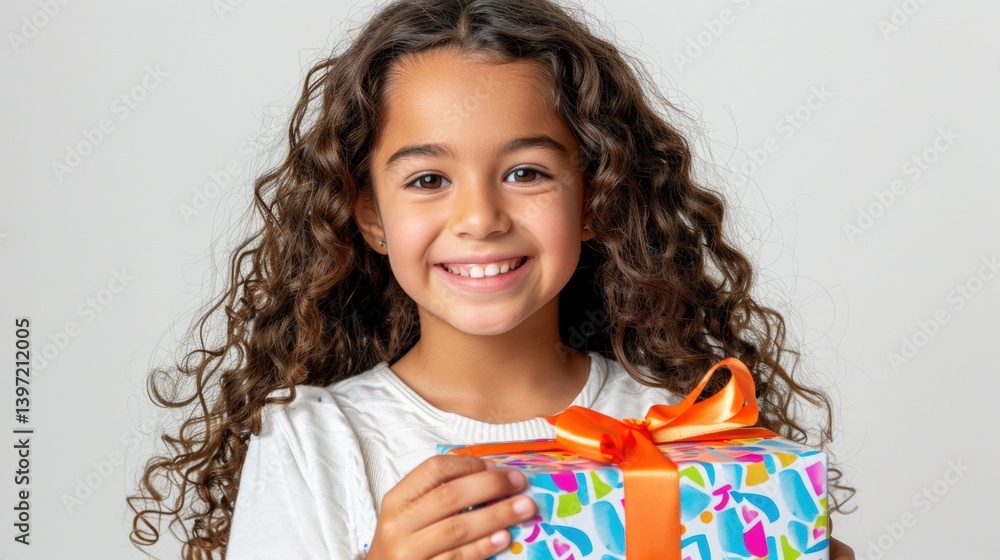 Happy girl holding a colorful gift box with a bright orange ribbon, smiling joyfully Happy girl holding a colorful gift box with a bright orange ribbon, smiling joyfully