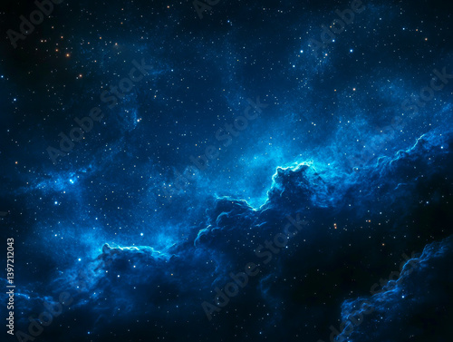In a mesmerizing night sky, brilliant stars twinkle against a backdrop of swirling blue clouds and celestial wonders. This enchanting view invites contemplation and awe of the universe's beauty