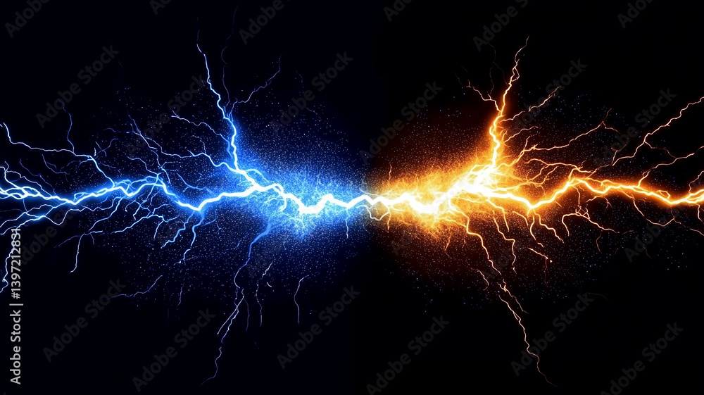 Electric Confrontation: When blue lightning and golden thunder engage in an intense battle in the dark sky, unleashing a heart-stirring energy clash and composing a magnificent natural competition Electric Confrontation: When blue lightning and golden thunder engage in an intense battle in the dark sky, unleashing a heart-stirring energy clash and composing a magnificent natural competition