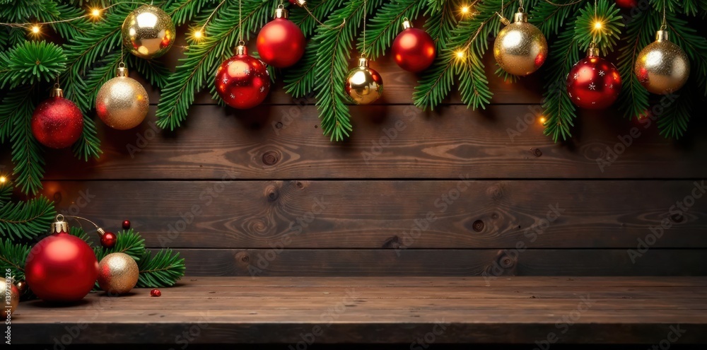 Wooden table adorned with festive Christmas decorations including ornaments and garlands, illuminated by soft twinkling lights, Festive, Twinkling lights, Garlands Wooden table adorned with festive Christmas decorations including ornaments and garlands, illuminated by soft twinkling lights, Festive, Twinkling lights, Garlands