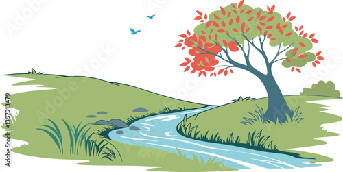 Minimal river brook carton colorful nature tree