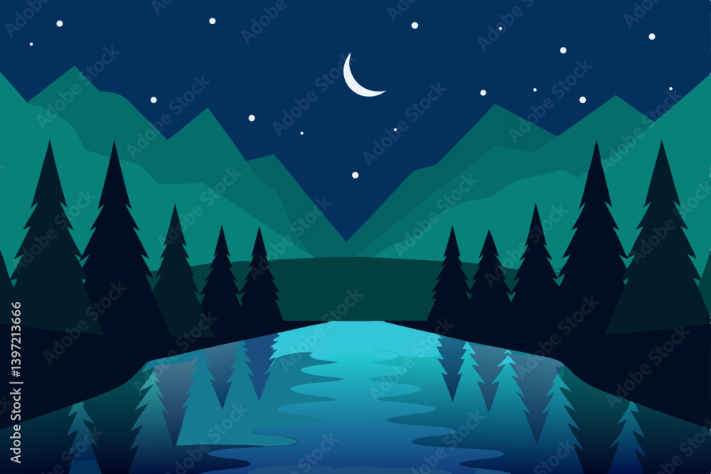 winter landscape with forest and moon