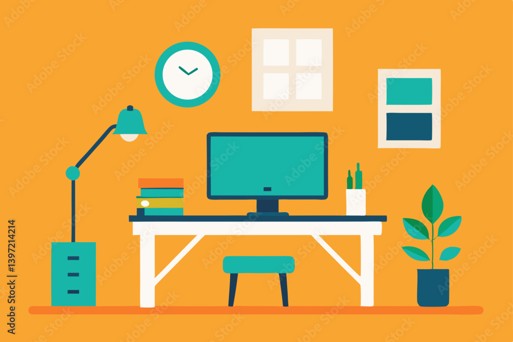 vector illustration of living room with computer