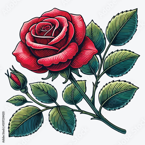 Beautiful red rose with green leaves isolated on white background stock illustration
