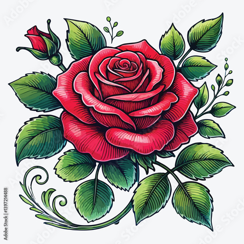 Beautiful red rose with green leaves isolated on white background stock illustration
