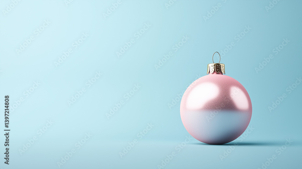 Pink Pastel Christmas Ornament Against Minimalist Sky Blue Background, copy space Pink Pastel Christmas Ornament Against Minimalist Sky Blue Background, copy space
