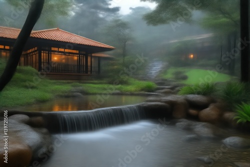 Serene landscape small waterfall building nestled nature