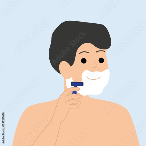 Man shaving unwanted facial hair growth with Razor and cream. Man care for facial growth does personal skincare routine vector illustration. Hygiene Procedure Shaving with Razor.