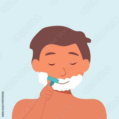Man shaving unwanted facial hair growth with Razor and cream. Man care for facial growth does personal skincare routine vector illustration. Hygiene Procedure Shaving with Razor.