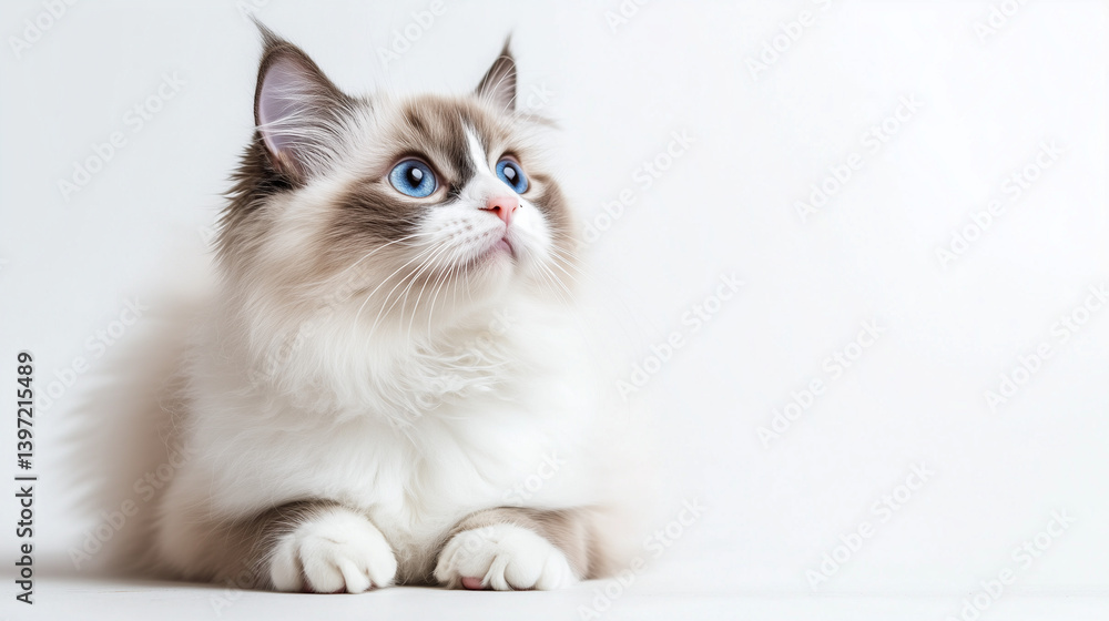 Fototapeta premium Beautiful Ragdoll Cat with Striking Blue Eyes on White Background, copy space