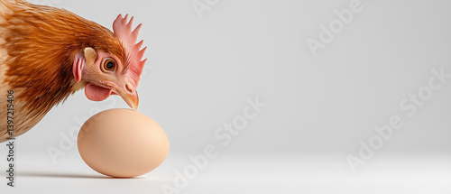Hen Observing a Fresh Egg in a Minimalistic Studio Setting, copy space