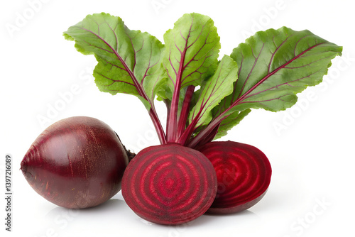 Red beetroot and beetroot slices on white background. File contains clipping paths. stock photo Common Beet, Beet, Chopped Food, Slice of Food, Borscht