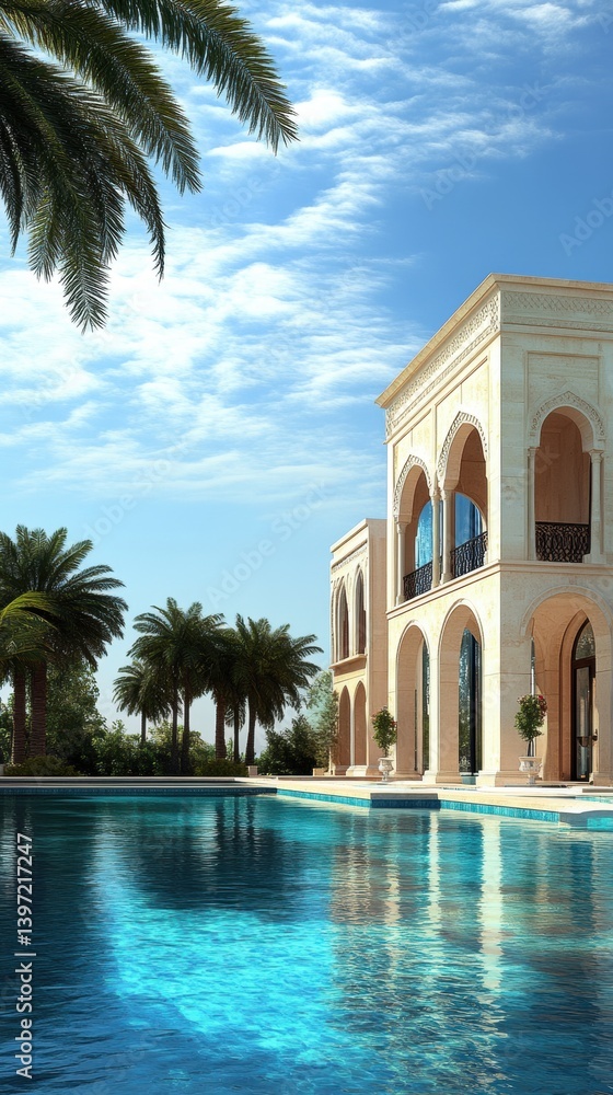 Fototapeta premium Luxurious Mansion with Swimming Pool and Palm Trees
