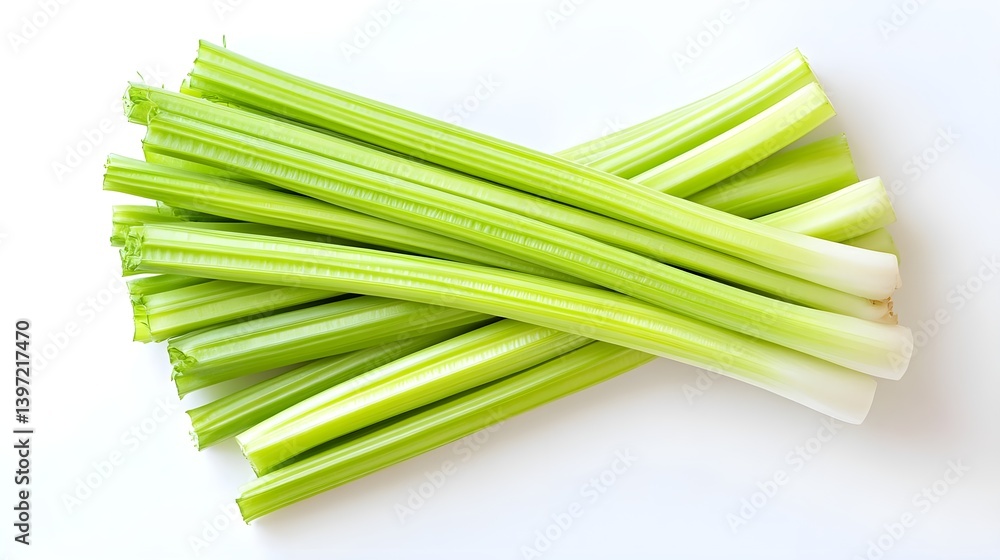 Fresh Green Celery Stalks Displayed on a White Surface Fresh Green Celery Stalks Displayed on a White Surface