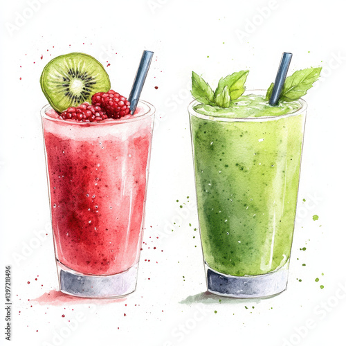 Refreshing watercolor painting of two vibrant smoothies, one red with raspberries and kiwi, and other green with mint, showcasing delightful blend of colors and textures
