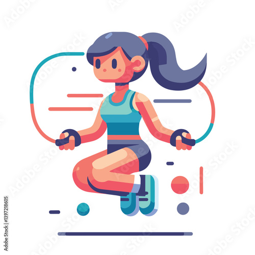 Minimal vector UI illustration cute athletic girl skipping rope