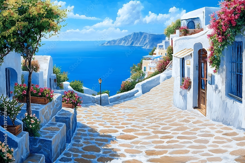 Fototapeta premium Beautiful Mediterranean coastal village street with white houses colorful flowers sea view and bright blue summer sky