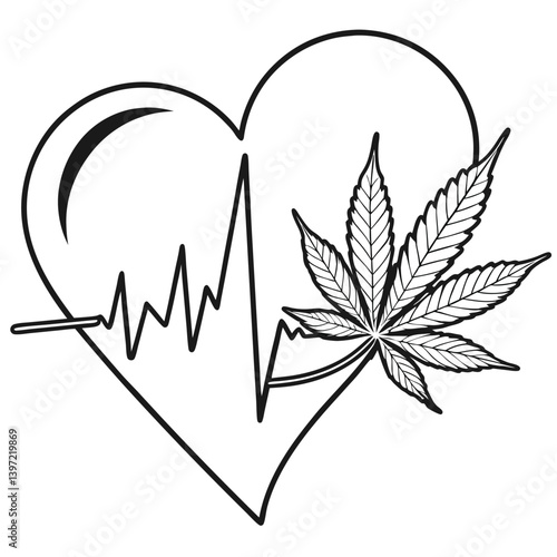 bold heart with cannabis leaf and heartbeat line in tattoo art style representing natural health remedy