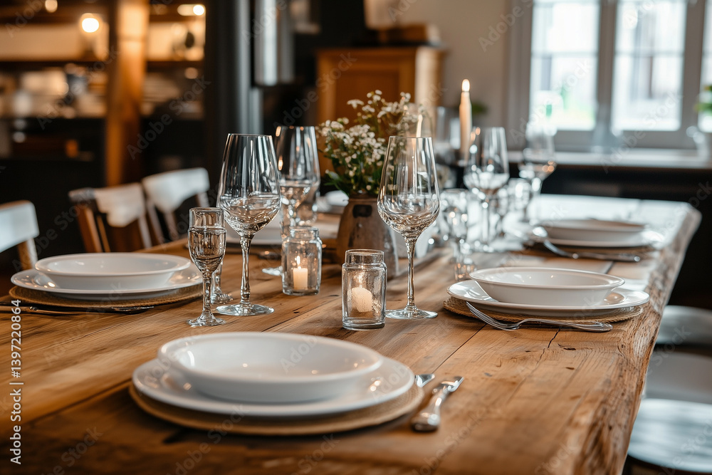 Rustic Wooden Table Setting with White Dishes and Candles Rustic Wooden Table Setting with White Dishes and Candles