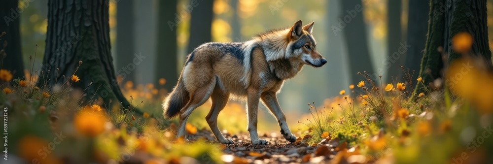 Fototapeta premium Wolf roaming freely in the woods, Woodland, forest