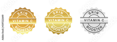 vitamin c skin booster stamp, seal, logo, badge, emblem, label, sticker gold and silver color. skincare, body care, beauty care formula ingredients 