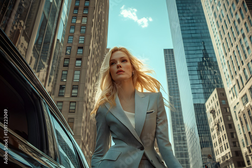 A businesswoman in formal attire stands outside her luxury car, showcasing the elegance of corporate fashion with sleek trousers and a blazer against an urban backdrop of skyscrapers.