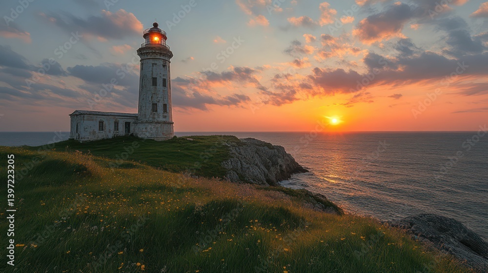 Fototapeta premium Lighthouse stands tall sunset bathes in gold.