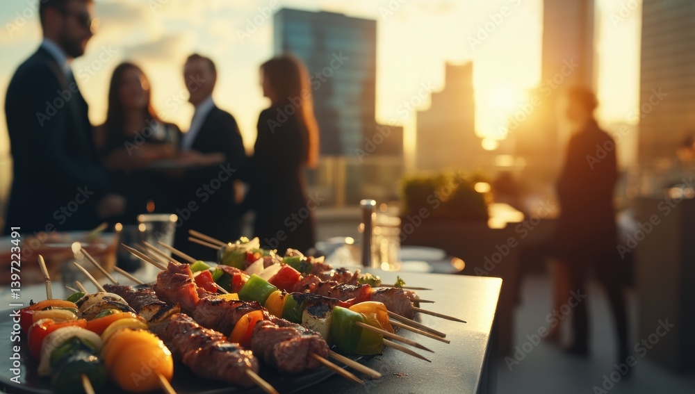 Fototapeta premium Rooftop Barbecue Sunset Soiree: City Views & Gourmet Grilling