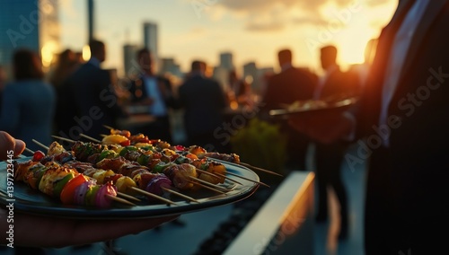 Rooftop Sunset BBQ:  Delicious Grilled Skewers at a Corporate Event