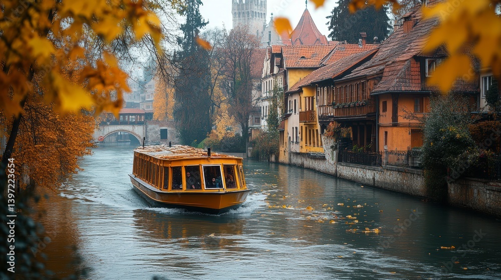 Obraz premium River town view with boat, autumn leaves, and aged buildings