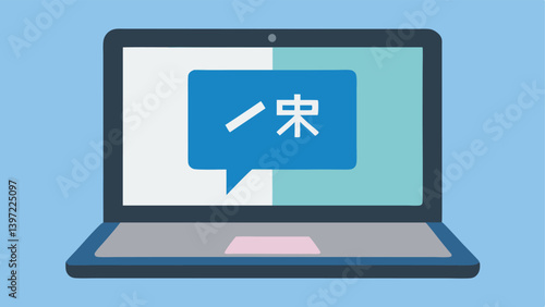 Laptop with Translation App A laptop displaying a translation app interface with text input in one language and translated output shown immediately on the screen.