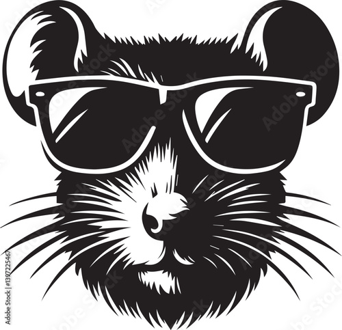 rat with sunglasses head vector illustration, rat head with sunglass silhouette vector black and white, rat clipart