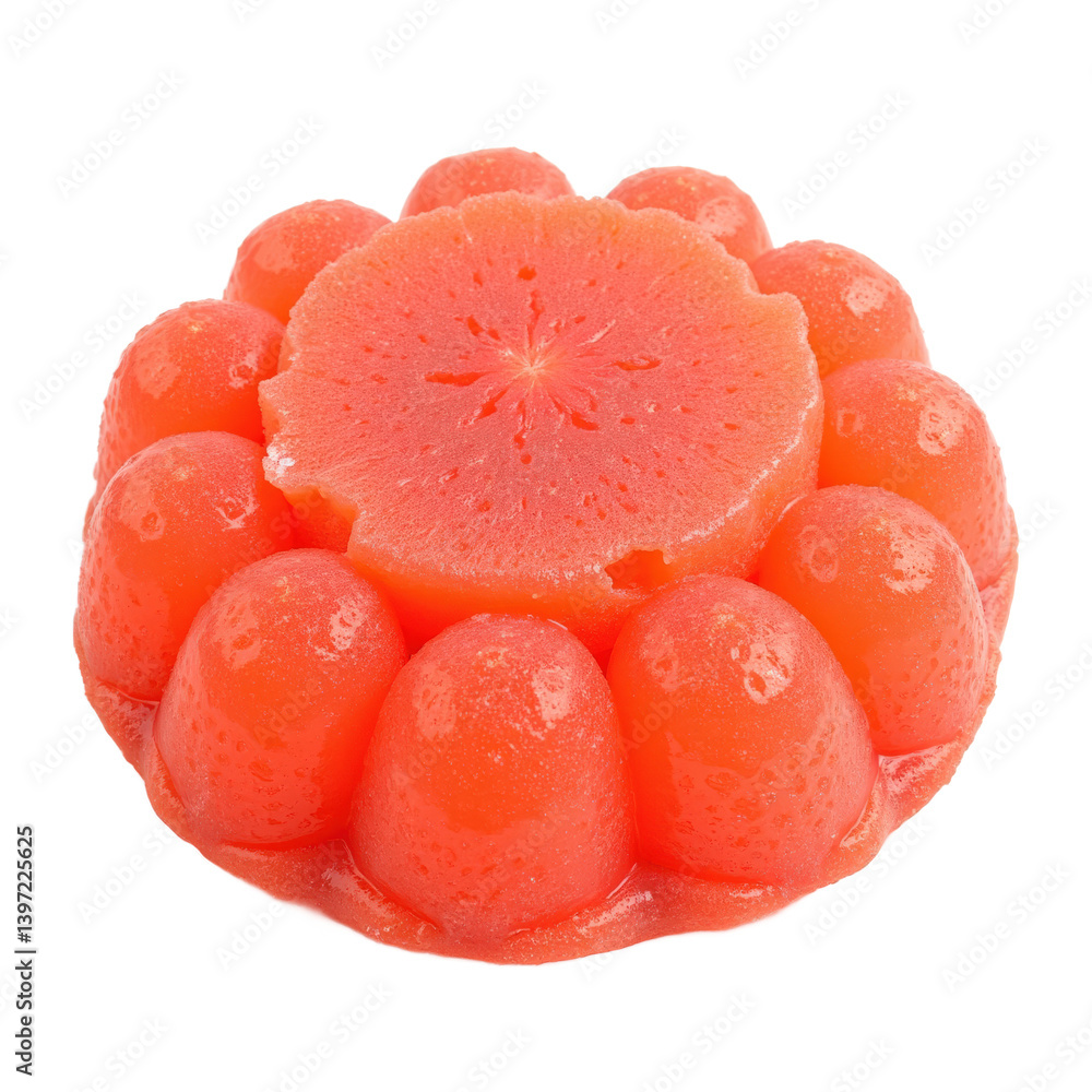 A vibrant orange jelly dessert with a slice of carrot in the center, perfect for a sweet treat. A vibrant orange jelly dessert with a slice of carrot in the center, perfect for a sweet treat.