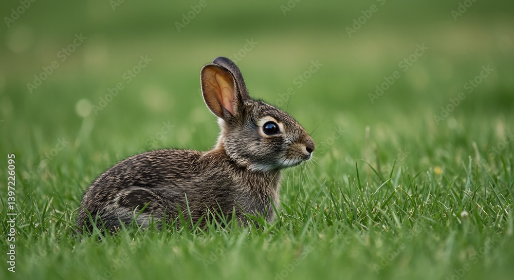 Fototapeta premium Cute bunny rabbit in green grass soft light. AI Generated