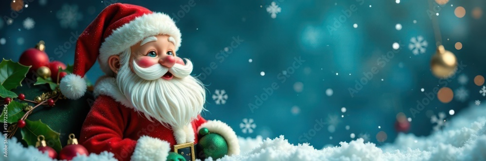 Whimsical Santa surrounded by snowflakes and holly leaves , illustration, christmas Whimsical Santa surrounded by snowflakes and holly leaves , illustration, christmas