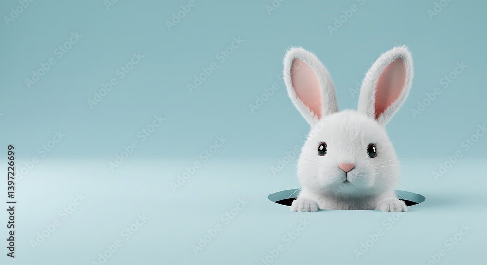 White Rabbit Peek a Boo From Hole on Light Blue Surface White Rabbit Peek a Boo From Hole on Light Blue Surface