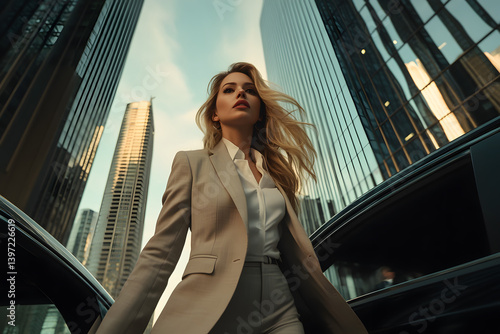 A businesswoman in formal attire stands outside her luxury car, showcasing the elegance of corporate fashion with sleek trousers and a blazer against an urban backdrop of skyscrapers.